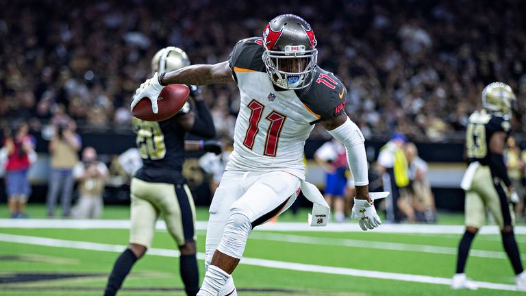 DeSean Jackson #11 of the Tampa Bay Buccaneers celebrates in the end zone with a dance after catching a touchdown pass against the New Orleans Saints at Mercedes-Benz Superdome on September 9, 2018 in New Orleans, Louisiana
