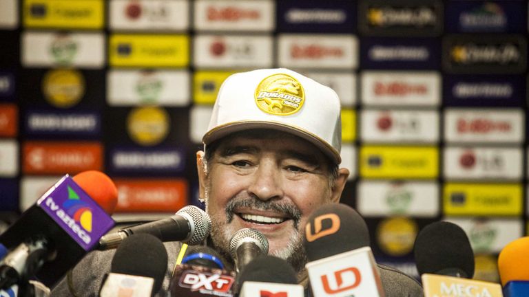 Diego Maradona speaks to the media after his first match as coach of Mexican second-division club Dorados