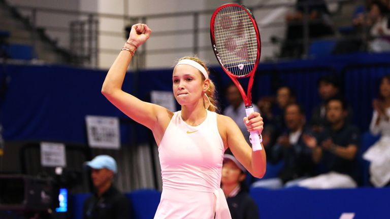 Donna Vekic of Croatia celebrates her victory against Johanna Konta of Great Britain in her Singles Round of 16 match on day four of the Toray Pan Pacific Open at Arena Tachikawa Tachihi on September 20, 2018 in Tachikawa, Tokyo, Japan. 