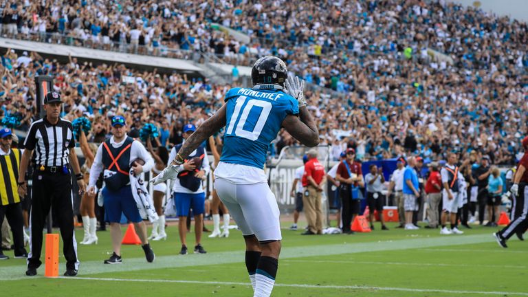 JACKSONVILLE, FL - SEPTEMBER 16: Donte Moncrief #10 of the Jacksonville Jaguars celebrates scoring a touchdown in the first quarter against the New England Patriots at TIAA Bank Field on September 16, 2018 in Jacksonville, Florida.  (Photo by Sam Greenwood/Getty Images)