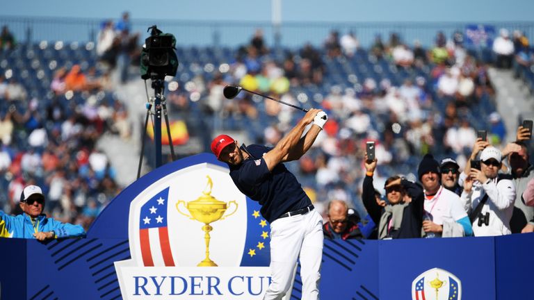 during singles matches of the 2018 Ryder Cup at Le Golf National on September 30, 2018 in Paris, France.