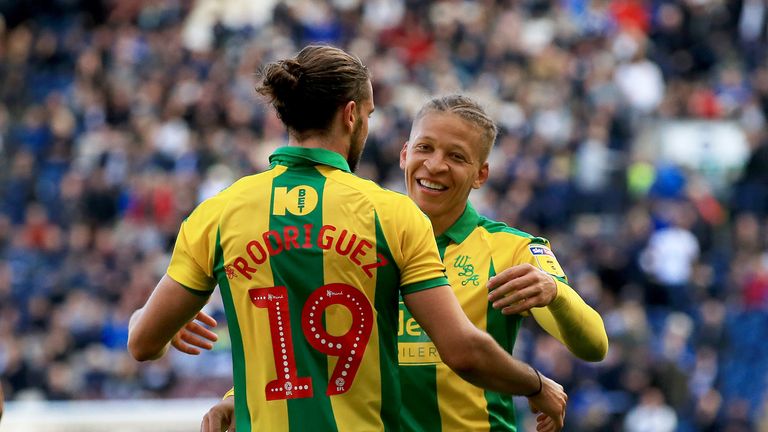 West Bromwich Albion's Dwight Gayle celebrates with team-mate Jay Rodriguez