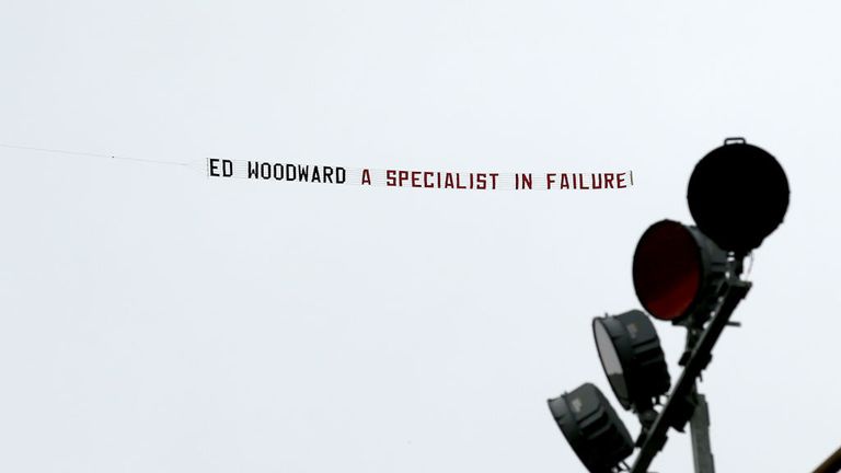 Ed Woodward banner flies ahead of Premier League match between Burnley and Manchester United at Turf Moor on September 2, 2018 in Burnley, United Kingdom.