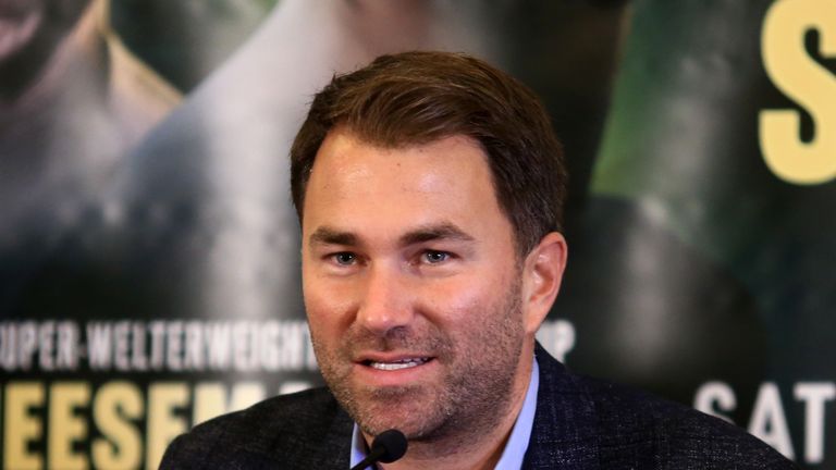  during a press conference with boxing promoter Eddie Hearn at The Courthouse Hotel on September 13, 2018 in London, England.
