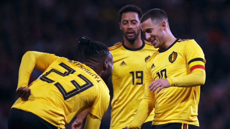 Eden Hazard celebrates with Michy Batshuayi scoring Belgium's second goal against Scotland