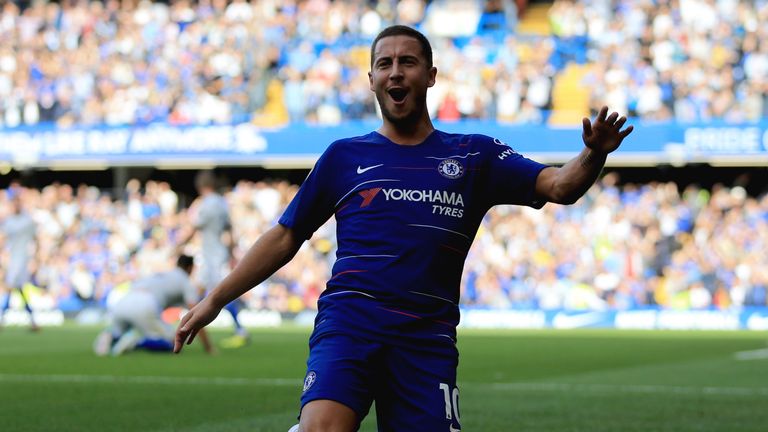 Eden Hazard celebrates scoring for Chelsea against Cardiff