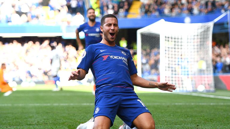 Chelsea's Eden Hazard celebrates scoring his side's first goal of the game during the Premier League match v Cardiff at Stamford Bridge, London
