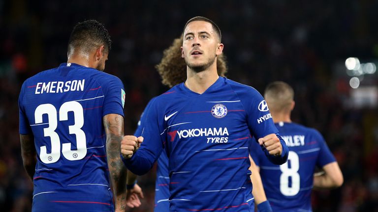 LIVERPOOL, ENGLAND - SEPTEMBER 26:  Eden Hazard of Chelsea celebrates after he scores his sides second goal during the Carabao Cup Third Round match between Liverpool and Chelsea at Anfield on September 26, 2018 in Liverpool, England.  (Photo by Jan Kruger/Getty Images)