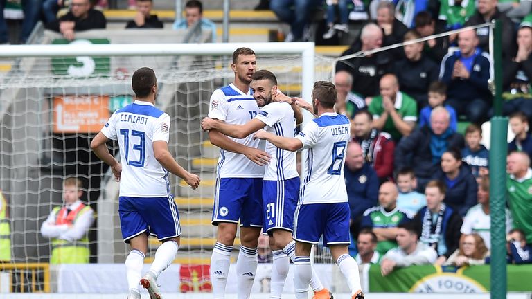 Elvis Saric of Bosnia Herzegovina celebrates after scoring against Northern Ireland