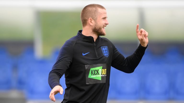 Eric Dier of England reacts during a training session at St Georges Park on September 10, 2018 in Burton-upon-Trent, England