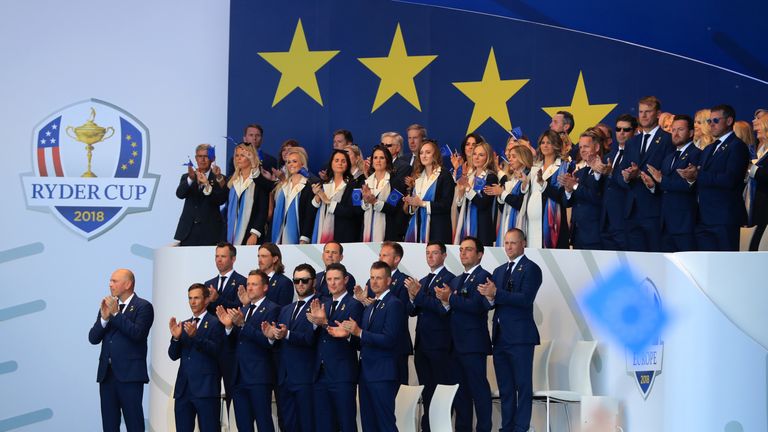 The European Team in front of their wives and girlfriends during the Ryder Cup Opening Ceremony at Le Golf National, Saint-Quentin-en-Yvelines, Paris. 