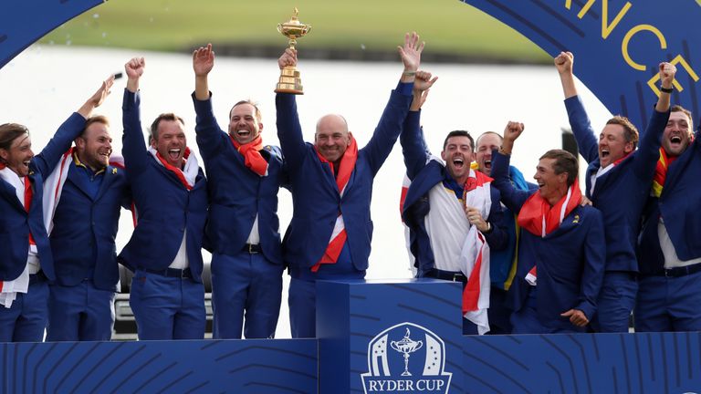 Team Europe captain Thomas Bjorn and Team Europe celebrate winning the Ryder Cup at Le Golf National, Saint-Quentin-en-Yvelines, Paris. 