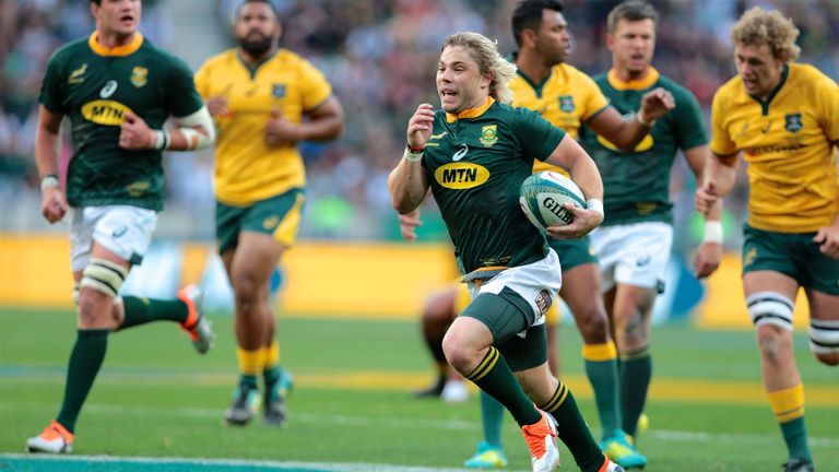  Try scorer Faf de Klerk of South Africa during the Rugby Championship match between South Africa and Australia at Nelson Mandela Bay Stadium on September 29, 2018 in Port Elizabeth, South Africa. 