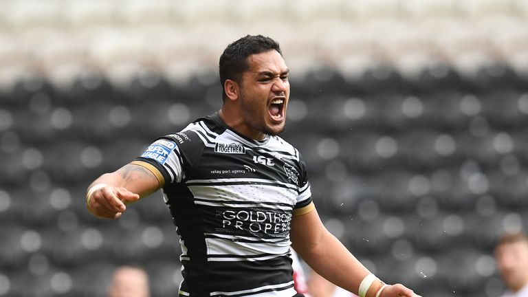 Picture by Anna Gowthorpe/SWpix.com - 16/06/2018 - Rugby League - Betfred Super League - Hull FC v Wigan Warriors - KC Stadium, Kingston upon Hull, England - Hull FC's Bureta Faraimo celebrates after scoring a try