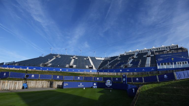 A general view of the first tee ahead of the 42nd Ryder Cup 2018 at Le Golf National on September 24, 2018 in Paris, France.