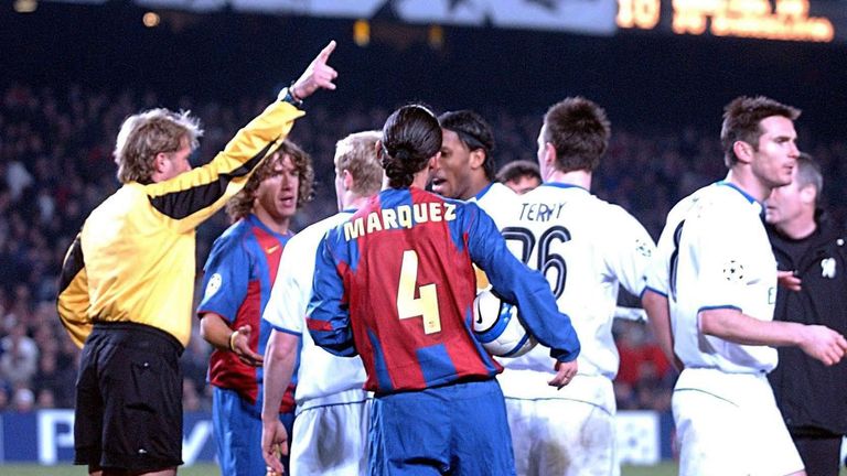Chelsea's Didier Drogba is sent of by referee Anders Frisk against Barcelona in 2005