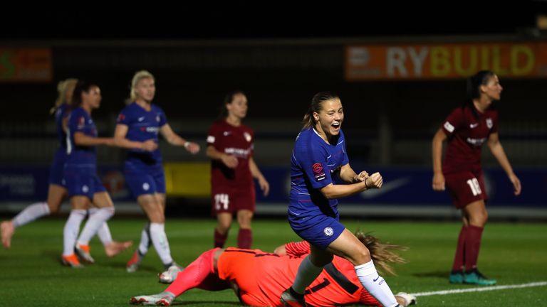 Fran Kirby celebrates her penalty in Chelsea's 6-0 win