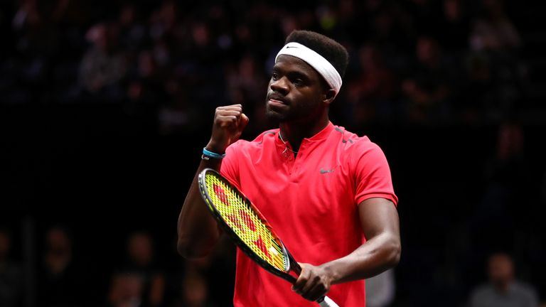 Frances Tiafoe of Team World celebrates winning a point during his singles match against Marin Cilic of Team Europe on the first day of the Laver Cup on September 22, 2017 in Prague, Czech Republic. T