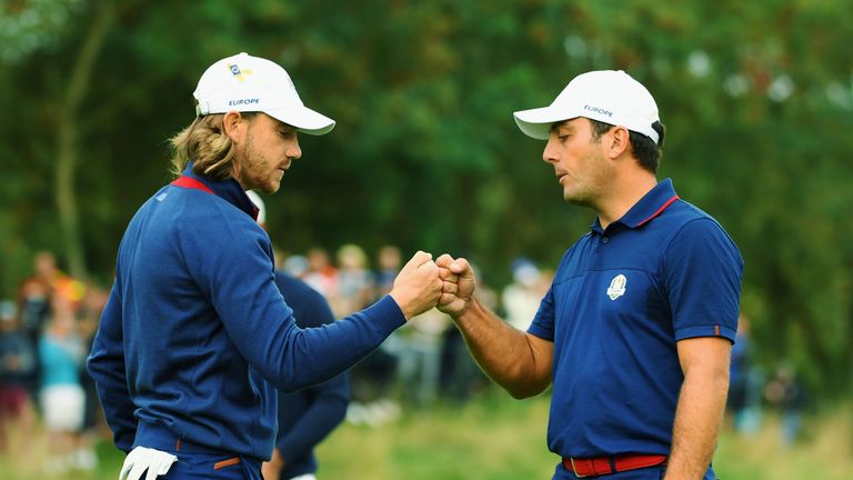 PARIS, FRANCE - SEPTEMBER 28: Francesco Molinari of Europe and Tommy Fleetwood of Europe celebrate during the morning fourball matches of the 2018 Ryder Cup at Le Golf National on September 28, 2018 in Paris, France.  (Photo by Ross Kinnaird/Getty Images)