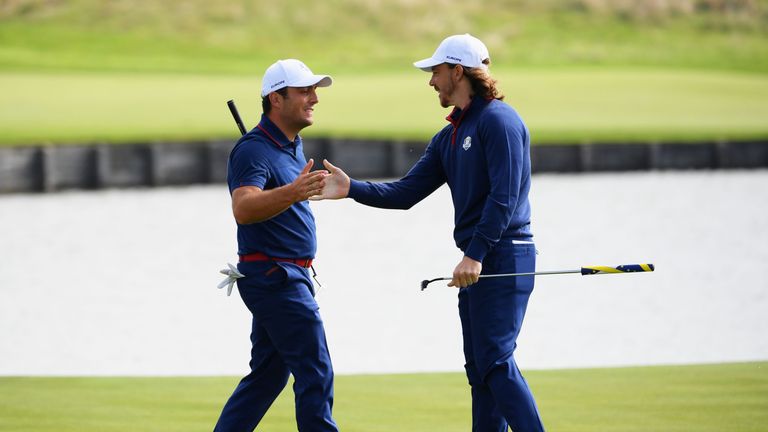 during the morning fourball matches of the 2018 Ryder Cup at Le Golf National on September 28, 2018 in Paris, France.
