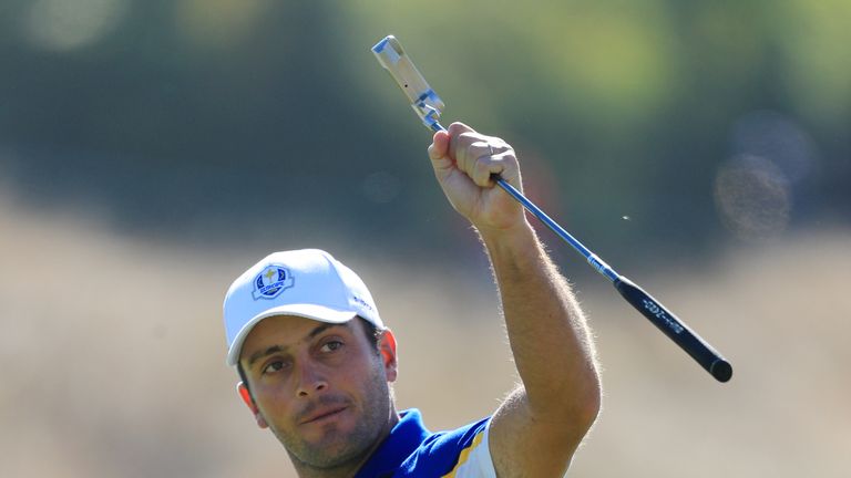 Team Europe's Francesco Molinari celebrates going 3up  on the 5th during the Singles match on day three of the Ryder Cup at Le Golf National, Saint-Quentin-en-Yvelines, Paris. PRESS ASSOCIATION Photo. Picture date: Sunday September 30, 2018. See PA story GOLF Ryder. Photo credit should read: Gareth Fuller/PA Wire. RESTRICTIONS: Use subject to restrictions. Written editorial use only. No commercial use.