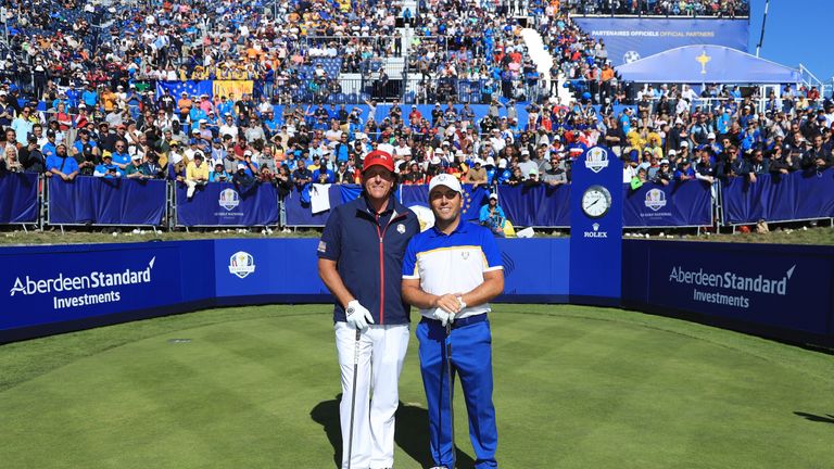 during singles matches of the 2018 Ryder Cup at Le Golf National on September 30, 2018 in Paris, France.