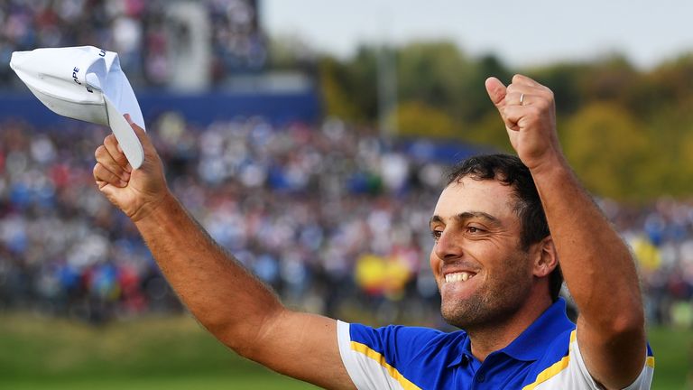 Francesco Molinari of Europe celebrates winning The Ryder Cup during singles matches of the 2018 Ryder Cup at Le Golf National on September 30, 2018 in Paris, France