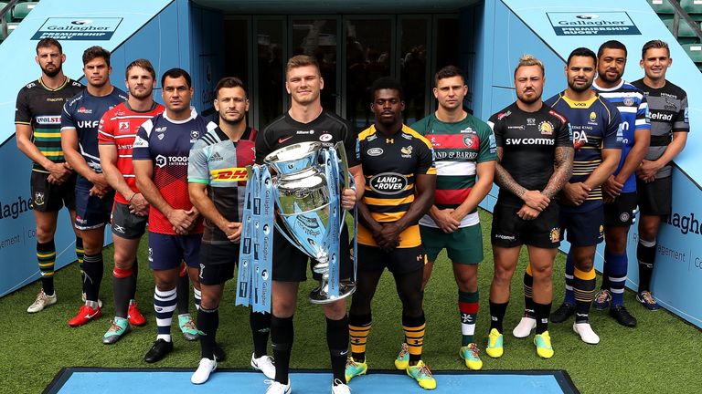 The league's club captains pose with the Gallagher Premiership Trophy