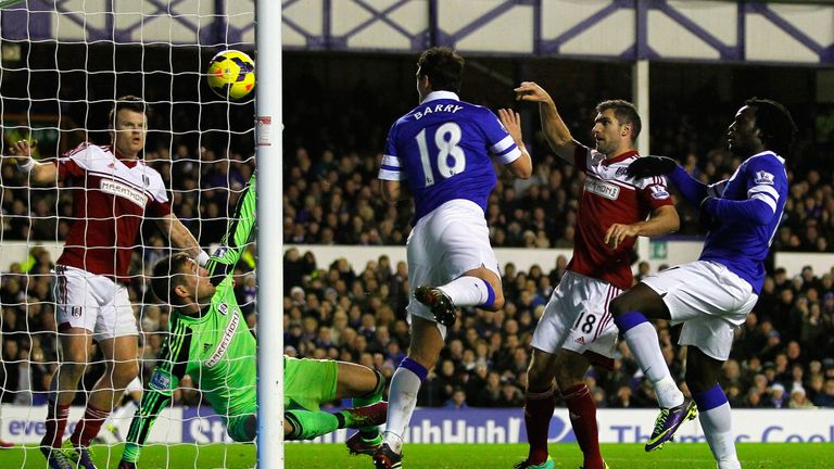 Gareth Barry scores during the last Goodison encounter - which Everton won 4-1