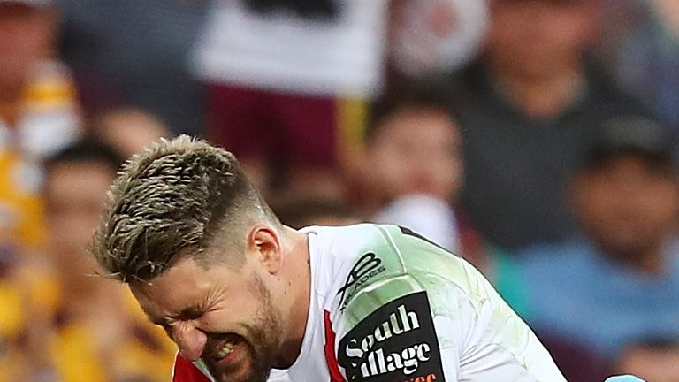 Gareth Widdop of the Dragons leaves the field injuredduring the NRL Elimination Final match between the Brisbane Broncos and the St George Illawarra Dragons