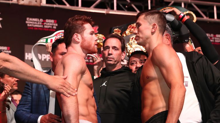 Gennady Golovkin and Canelo Alvarez during the weigh in for their rematch in Las Vegas