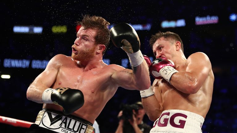 Gennady Golovkin Canelo Alvarez during their .WBC/WBA middleweight title fight at T-Mobile Arena on September 15, 2018 in Las Vegas, Nevada.