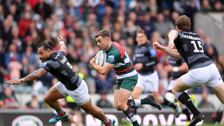 George Ford of Leicester Tigers breaks away from Sonatane Takulua of Newcastle Falcons during the Gallagher Premiership Rugby match between Leicester Tigers and Newcastle Falcons at Welford Road Stadium on September 08, 2018 in Leicester, United Kingdom. 