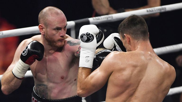 British boxers George Groves (L) and Callum Smith box during the World Boxing Super Series Super-Middleweight Ali Trophy Final at the King Abdullah Sports City in Jeddah, Saudi Arabia, on September 28, 2018. (Photo by AMER HILABI / AFP)        (Photo credit should read AMER HILABI/AFP/Getty Images)