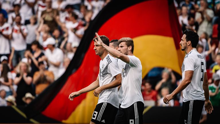LEVERKUSEN, GERMANY - JUNE 08: (EDITORS NOTE: Image has been processed using a digital filter) Timo Werner of Germany celebrates the first goal for his team with his teammates during the International Friendly match between Germany and Saudi Arabia at BayArena on June 8, 2018 in Leverkusen, Germany. (Photo by Alexander Scheuber/Bongarts/Getty Images)