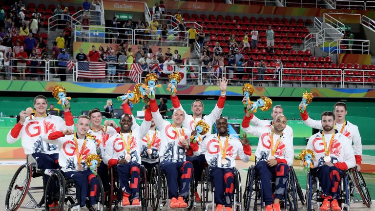Bronze medalist Great Britain celebrate on the podium at the medal ceremony after the Men's Wheelchair Basketball competition at Olympic Arena on day 10 of the Rio 2016 Paralympic Games on September 17, 2016 in Rio de Janeiro, Brazil
