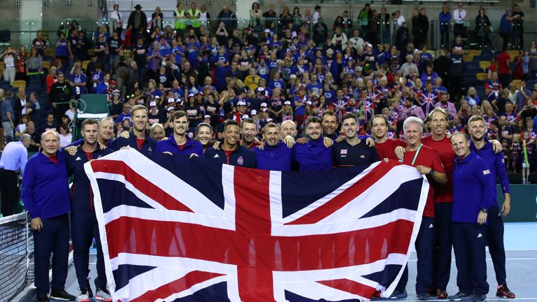 The Great Britain team celebrate after beating the Uzbekistan team in the World Group Play Off during day three of the Davis Cup by BNP Paribas World Group Play off between Great Britain and Uzbekistan at Emirates Arena on September 16, 2018 in Glasgow, Scotland. 