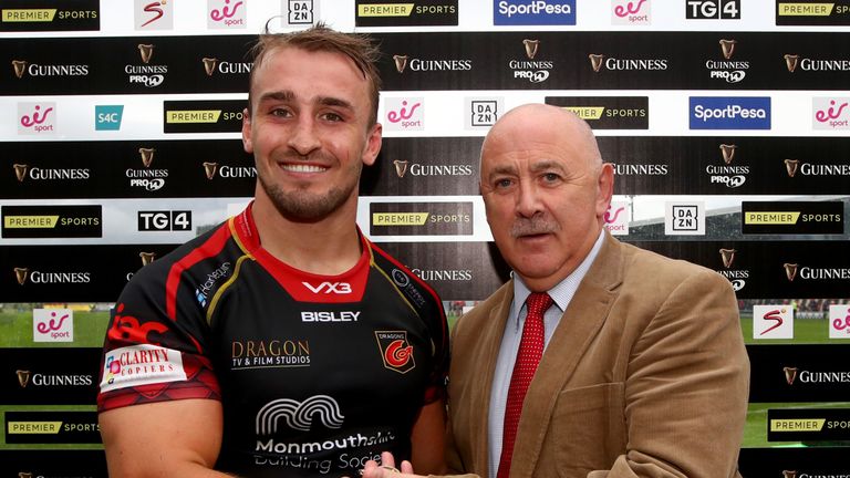 Guinness PRO14, Rodney Parade, Newport, Wales 8/9/2018.Dragons vs Isuzu Southern Kings.Dragons' Ollie Griffiths receives his man of the match medal from Keith Blake on behalf of Guinness.Mandatory Credit ..INPHO/James Crombie