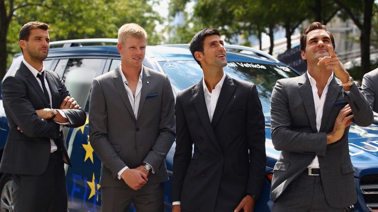 Grigor Dimitrov, Kyle Edmund, Novak Djokovic and Roger Federer of Team Europe arrive at the official welcome ceremony prior to the Laver Cup at the United Center on September 19, 2018 in Chicago, Illinois.The Laver Cup consists of six players from the rest of the World competing against their counterparts from Europe