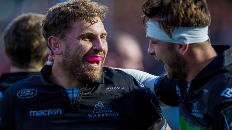Callum Gibbins of Glasgow Warriors celebrates scoring a try against Munster in Round 2 of the PRO14