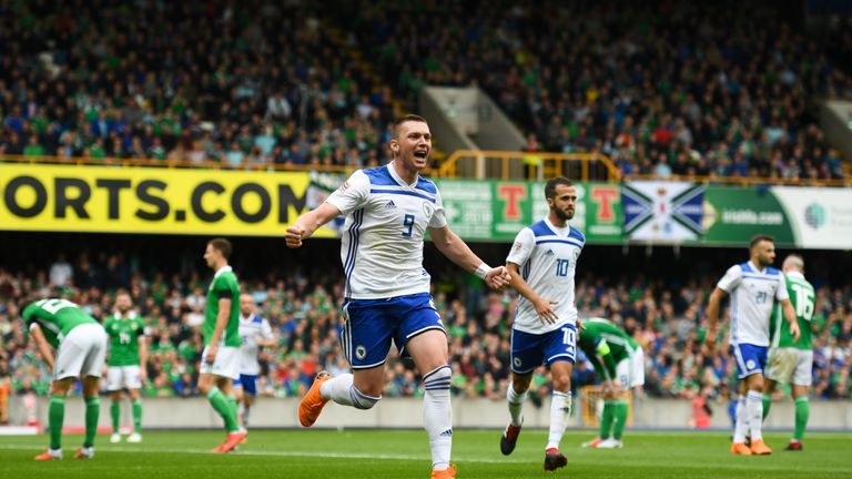 Haris Duljevic celebrates scoring for Bosnia and Herzegovina against Northern Ireland