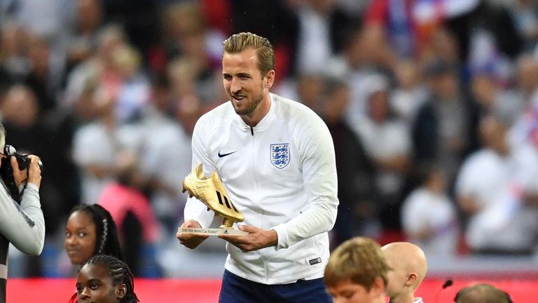Harry Kane of England receives the World Cup 2018 Golden Boot Award, ahead of the UEFA Nations League A group four match between England and Spain at Wembley Stadium on September 8, 2018 in London, United Kingdom.
