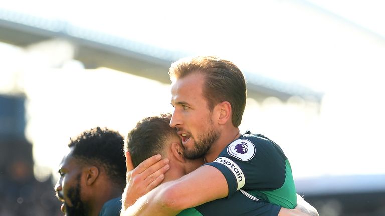 Harry Kane celebrates his first goal with Kieran Trippier