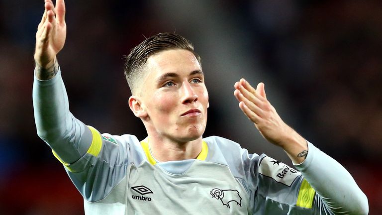 Harry Wilson of Derby County celebrates after scoring his team's first goal during the Carabao Cup Third Round match between Manchester United and Derby County at Old Trafford on September 25, 2018 in Manchester, England