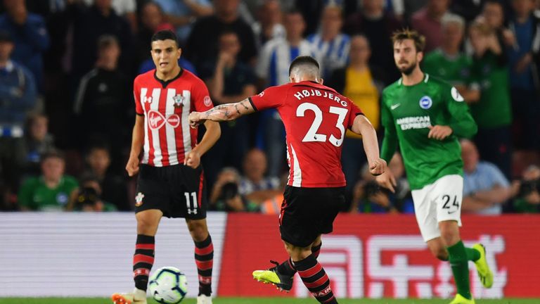Pierre-Emile Hojbjerg scores during the Premier League match between Southampton and Brighton & Hove Albion at St Mary's Stadium on September 17, 2018 in Southampton.