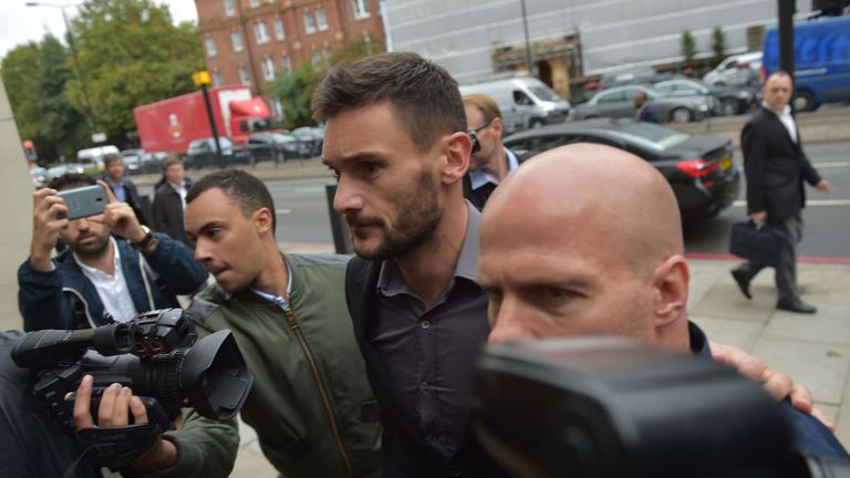 Tottenham Hotspur goalkeeper Hugo Lloris arrives at Westminster Magistrates' Court in London