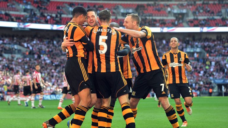 Matty Fryatt celebrates with his Hull team-mates after scoring against Sheffield United in the 2014 FA Cup semi-final at Wembley 
