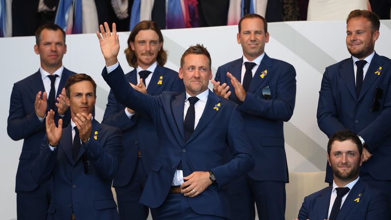 Ian Poulter of Europe is introduced during the opening ceremony for the 2018 Ryder Cup at Le Golf National on September 27, 2018 in Paris, France.