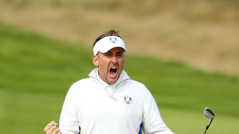 AUCHTERARDER, SCOTLAND - SEPTEMBER 27:  Ian Poulter of Europe celebrates chipping in on the 15th hole during the Morning Fourballs of the 2014 Ryder Cup on the PGA Centenary course at the Gleneagles Hotel on September 27, 2014 in Auchterarder, Scotland.  (Photo by Ross Kinnaird/Getty Images)