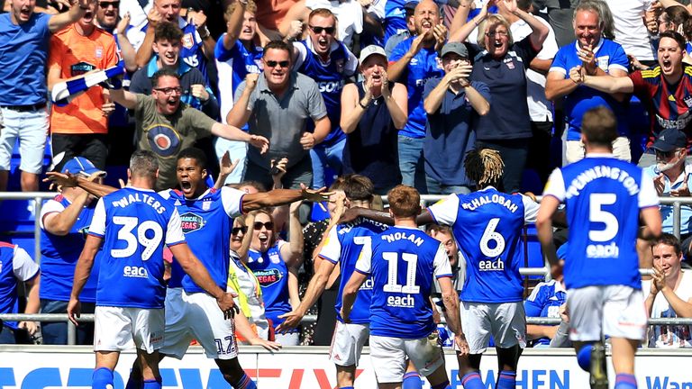 Ipswich Town players celebrate as Gwion Edwards of Ipswich Town scores their first goal during the Sky Bet Championship match between Ipswich Town and Norwich City at Portman Road on September 2, 2018 in Ipswich, England